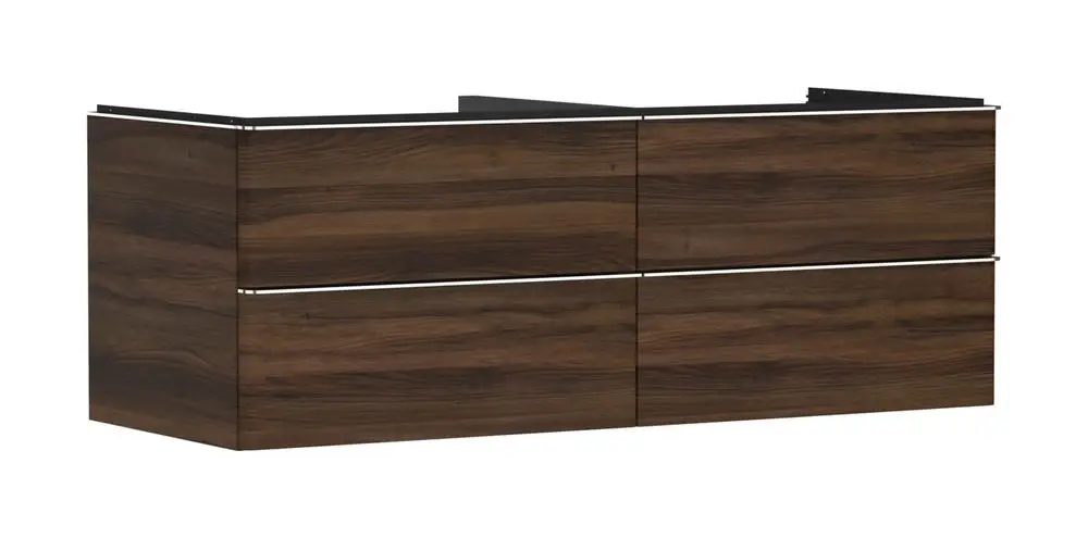 Hansgrohe Waschtischunterschrank aus dunklem Holz mit vier Schubkästen, geeignet für eine Konsolenkonstruktion. Schlichte, funktionale Gestaltung für Badezimmer.